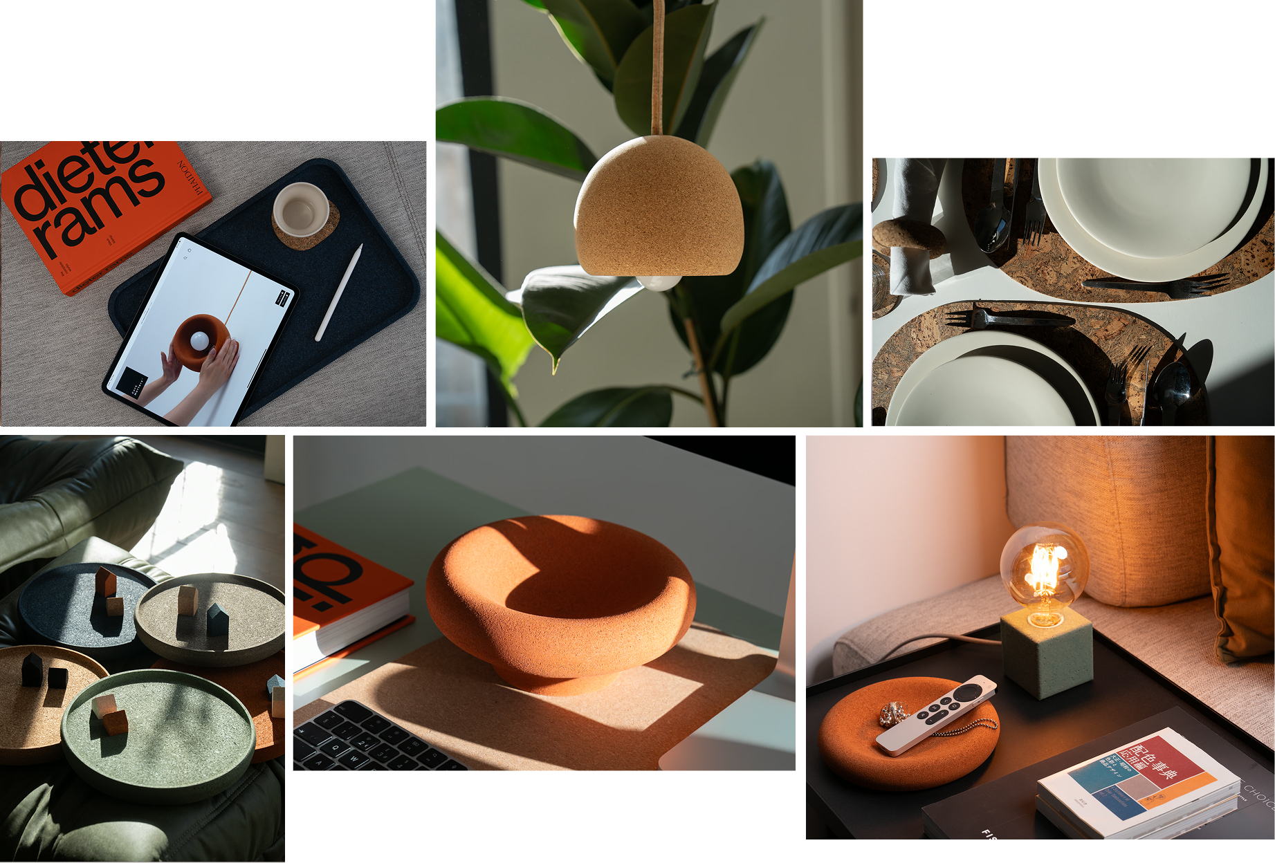 Collage of Cork Matters products styled in homes